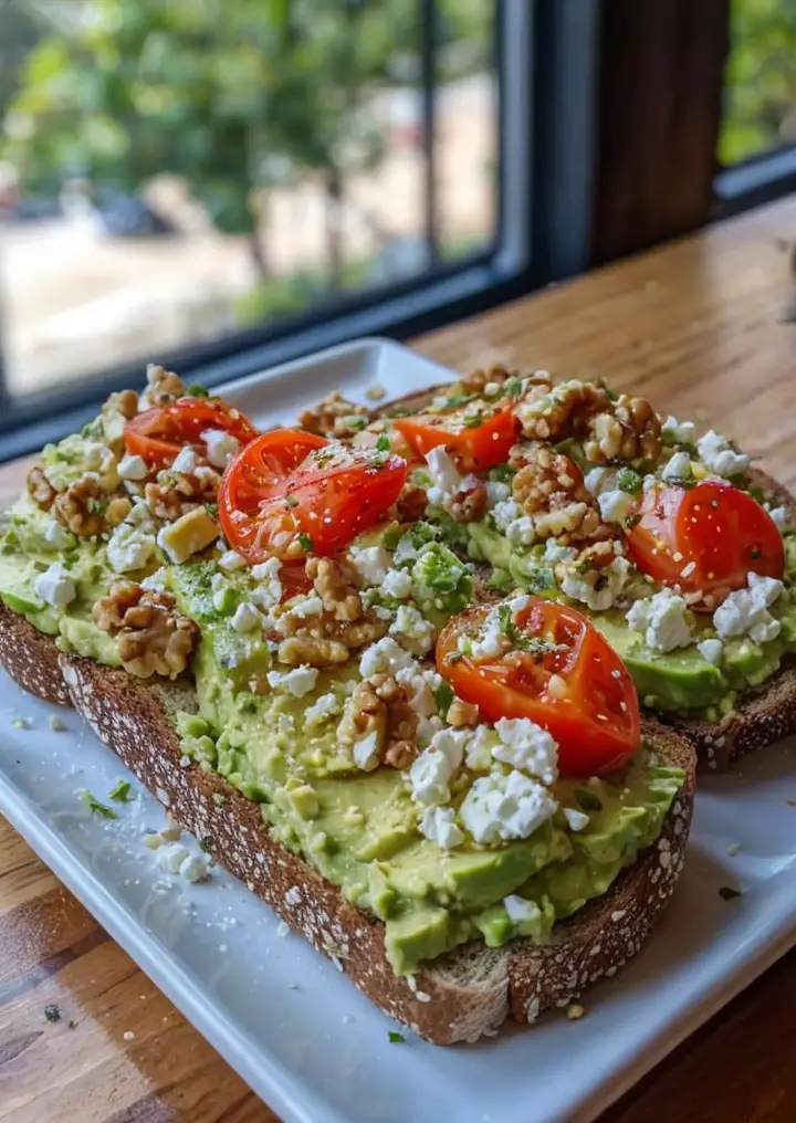 Delicious Avocado Toast with Cherry Tomatoes, Feta, and Walnuts