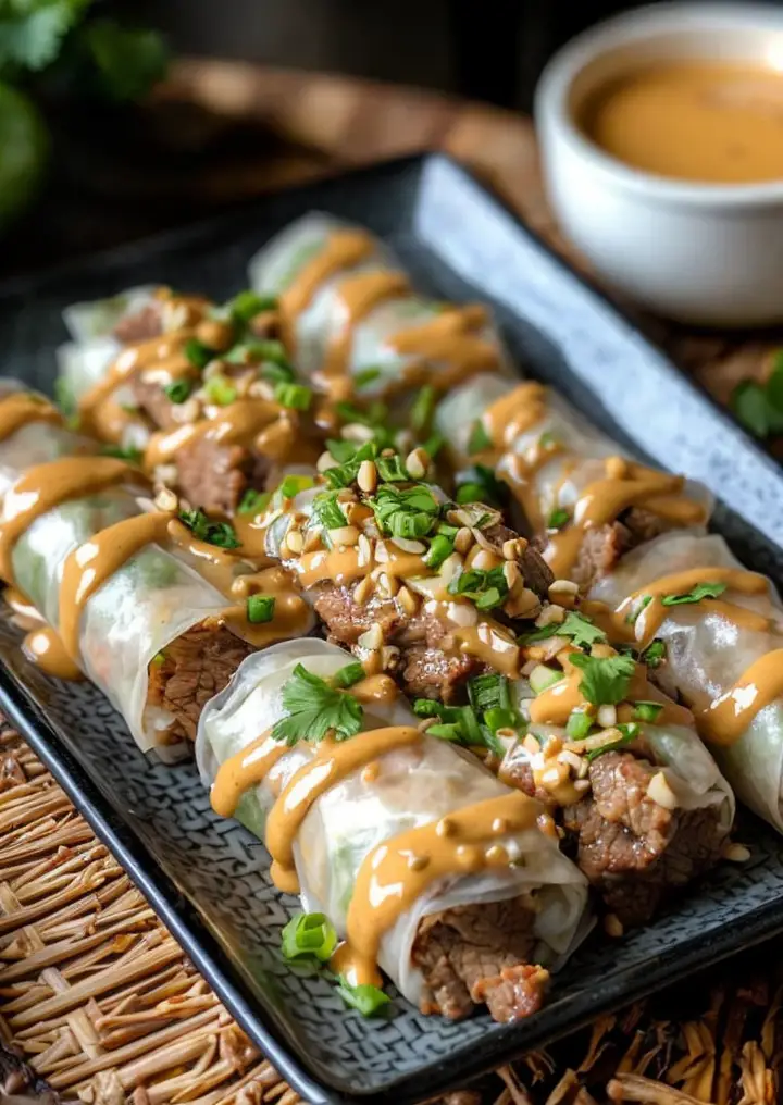 Delicious Beef Spring Rolls with Zesty Peanut Lime Sauce