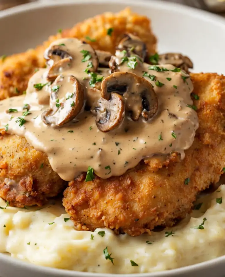 Indulge in Crispy Chicken Fried Chicken with Mushroom Cream Sauce