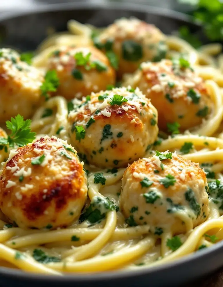 Best Chicken Ricotta Meatballs with Spinach Alfredo Sauce