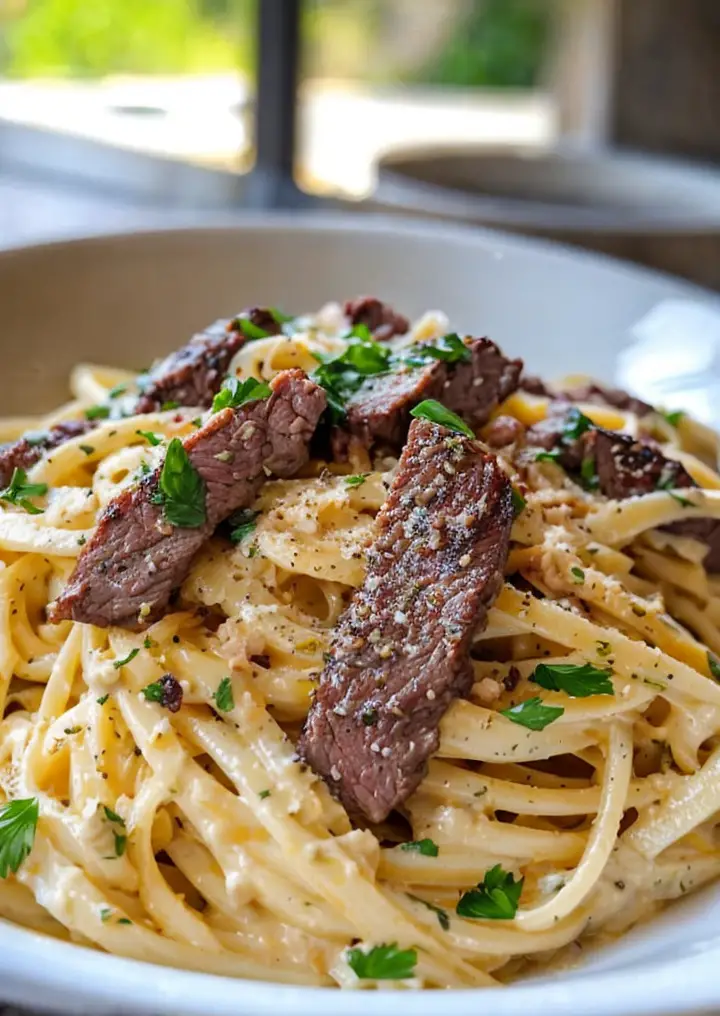 Indulge in Creamy Cheesy Garlic Butter Linguine with Beef