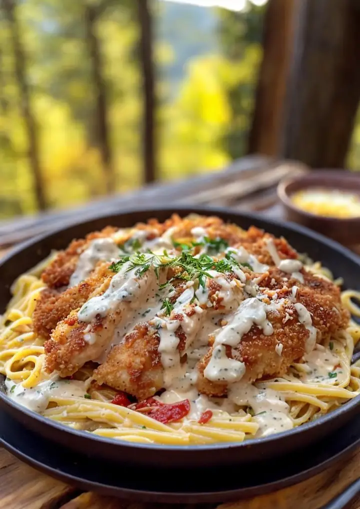 Deliciously Crispy Chicken Paired with Creamy Pasta Delight
