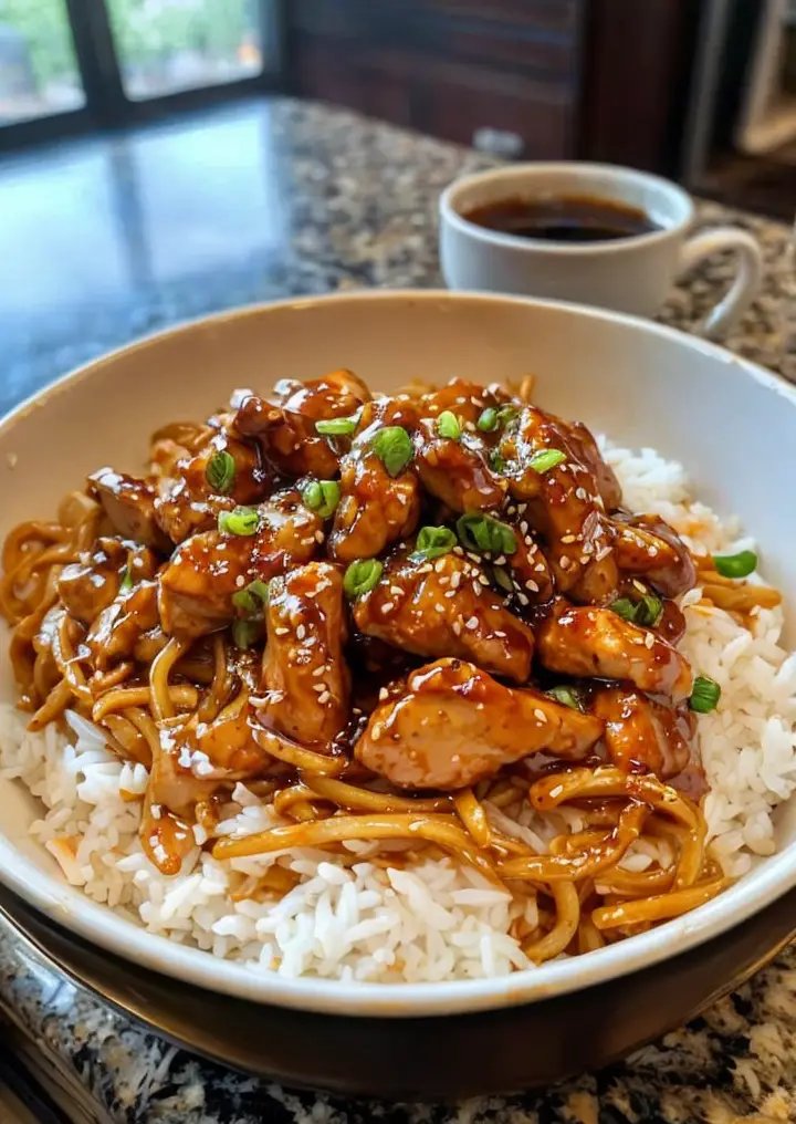 Savory Honey Pepper Chicken with Lo Mein and Steamed Rice