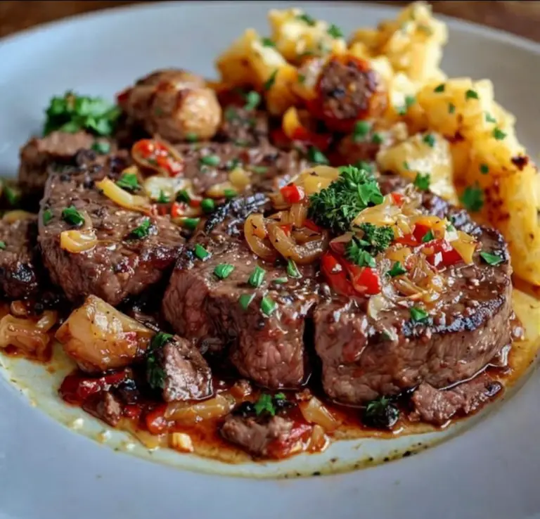 Sizzling Beef with Green Peppercorns and Caramelized Onions Recipe
