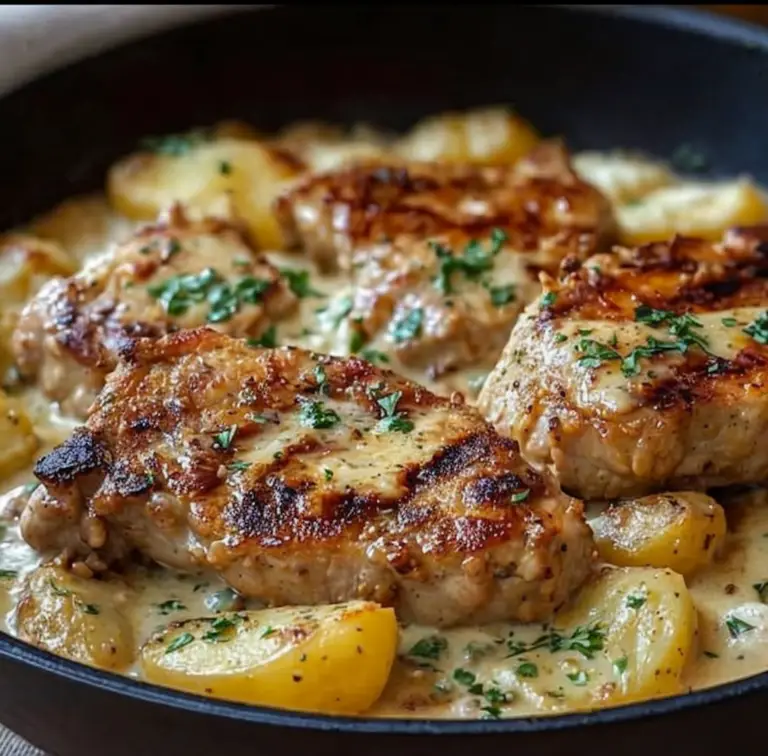 Irresistible Sizzling Garlic Butter Pork Chops with Creamy Potato Bake
