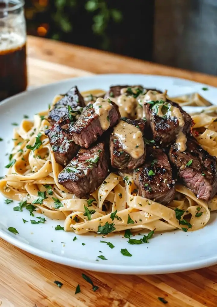 Delicious Steak Bites and Fettuccine in Garlic Butter Sauce