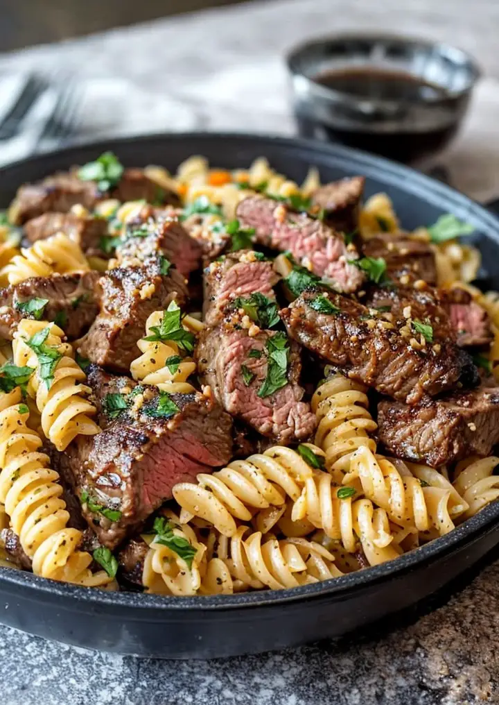 Delicious Steak Bites and Rotini in Garlic Parmesan Sauce Recipe