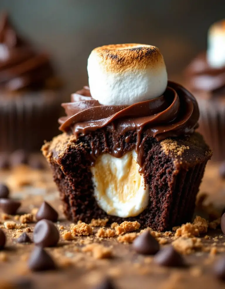 Ultimate Chocolate S’mores Cupcakes with Gooey Marshmallow Center