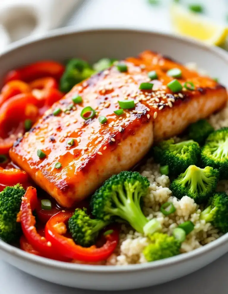 Easy Honey Sriracha Salmon Bowls with Rice and Veggies