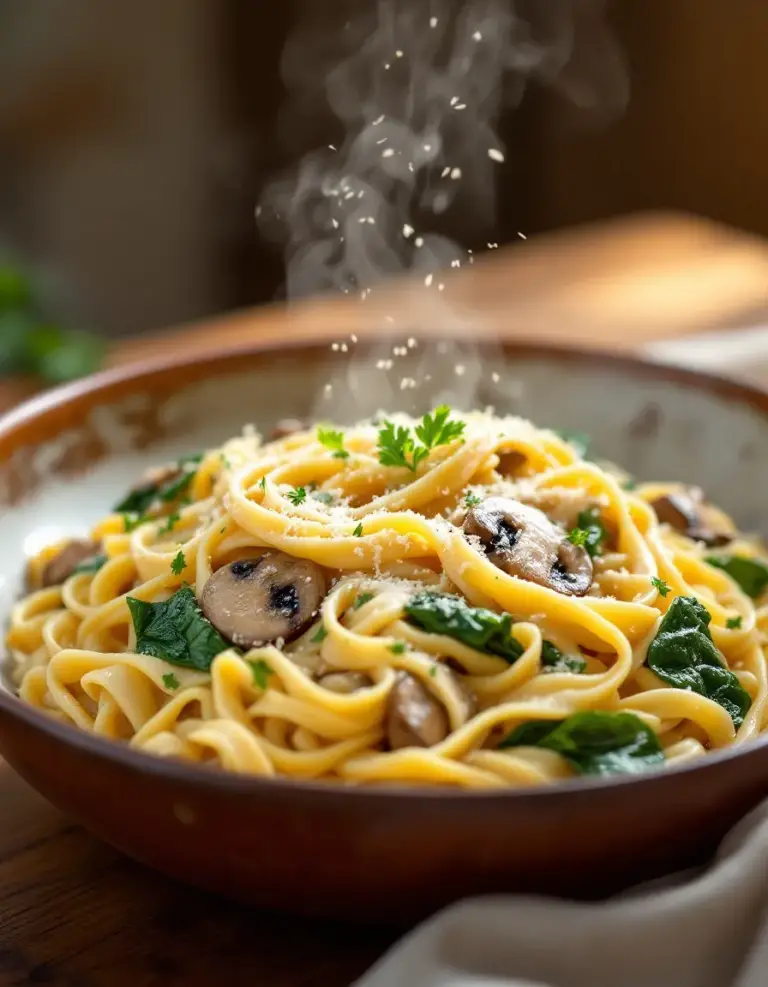 Easy One-Pot Garlic Parmesan Pasta with Spinach & Mushrooms
