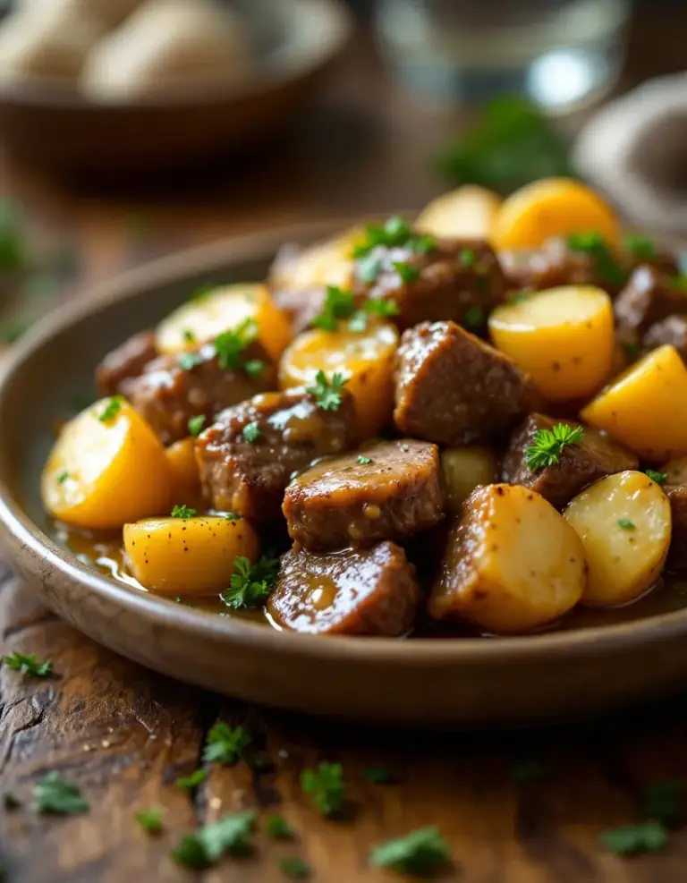 Easy Slow Cooker Garlic Butter Beef Bites & Potatoes
