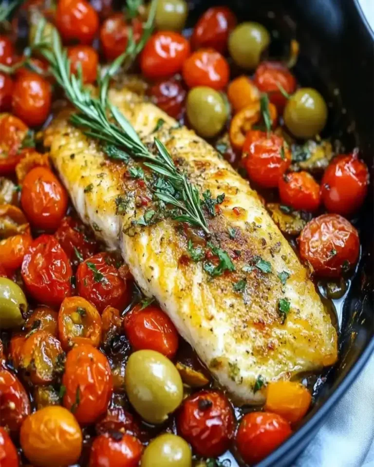 Juicy Flaky Baked Fish with Tomatoes and Olives