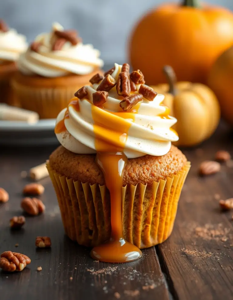 Pumpkin Cupcakes with Caramel Cream Cheese Frosting