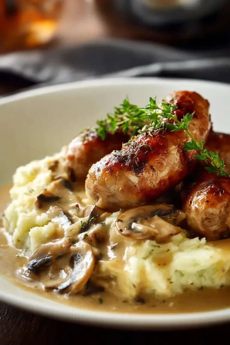 Simple Creamy Sausages with Mushroom Gravy & Mashed Potatoes