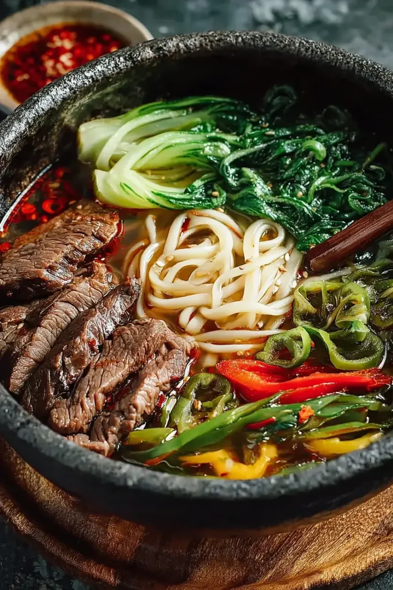 Simple Spicy Steak Noodle Soup with Pickled Greens