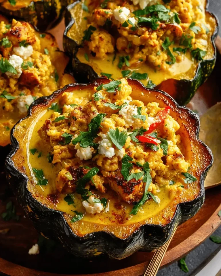 Roasted Acorn Squash with Curried Turkey, Coconut & Feta