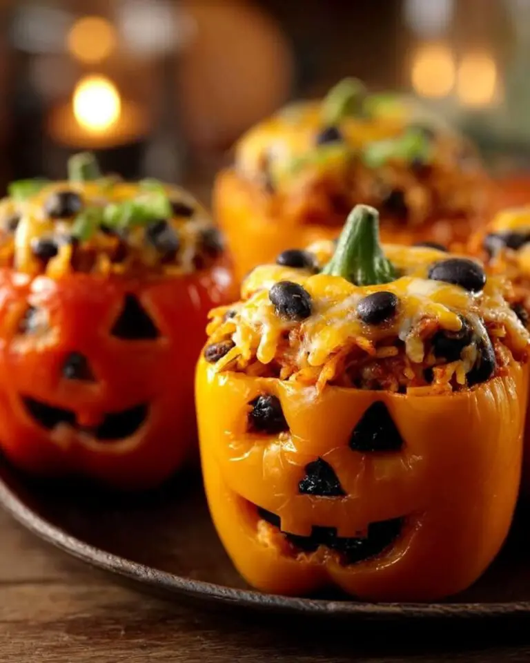 Halloween Shredded Chicken Rice Stuffed Peppers