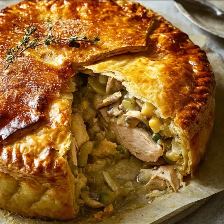 Creamy Chicken, Mushroom, and Vegetable Pie with Flaky Pastry – A Comforting Homemade Classic