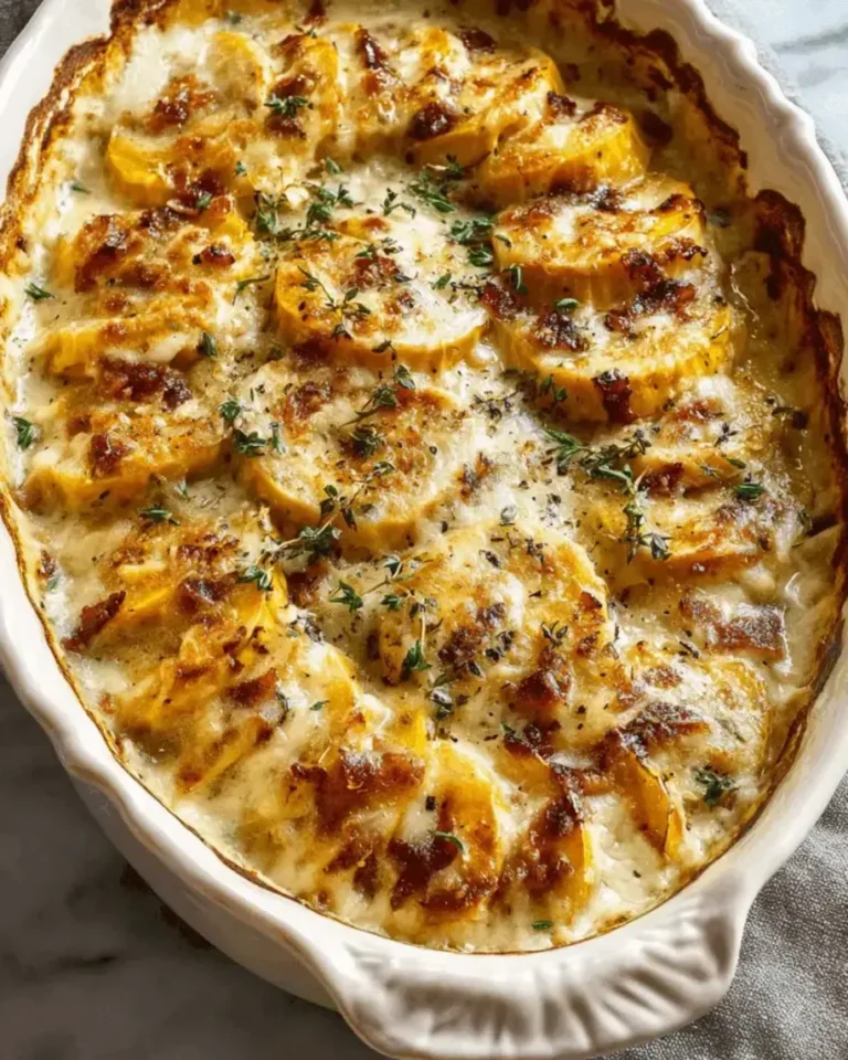 Creamy Delicata Squash Gratin with Bacon, Garlic, and Herbs