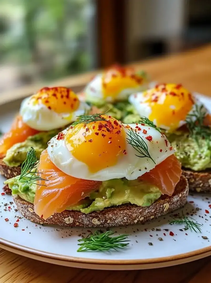 Delicious avocado toast topped with poached egg and smoked salmon, ready to eat