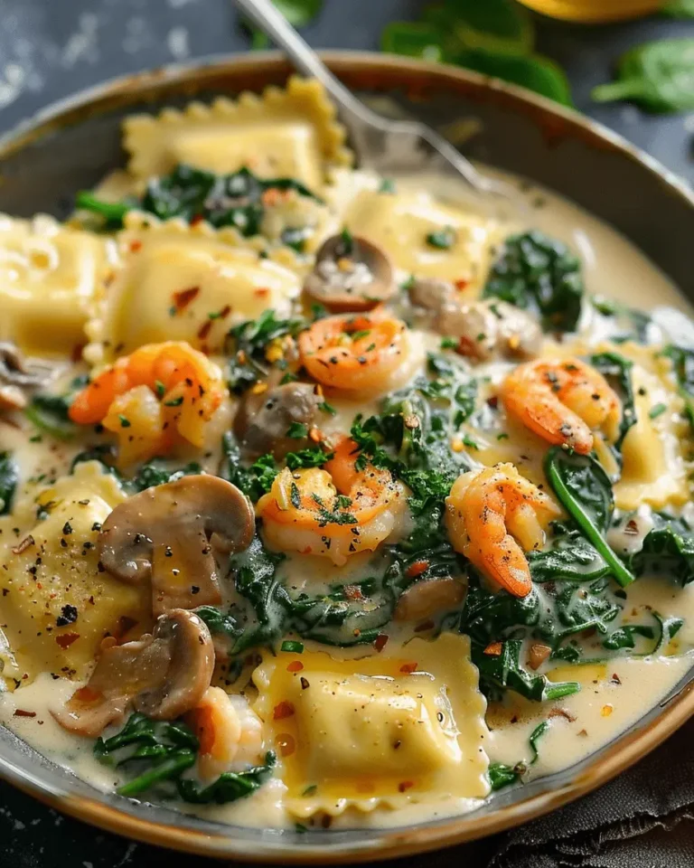 Ravioli with Seafood Spinach Mushrooms in Garlic Cream Sauce A Restaurant Worthy Dinner You Can Make at Home