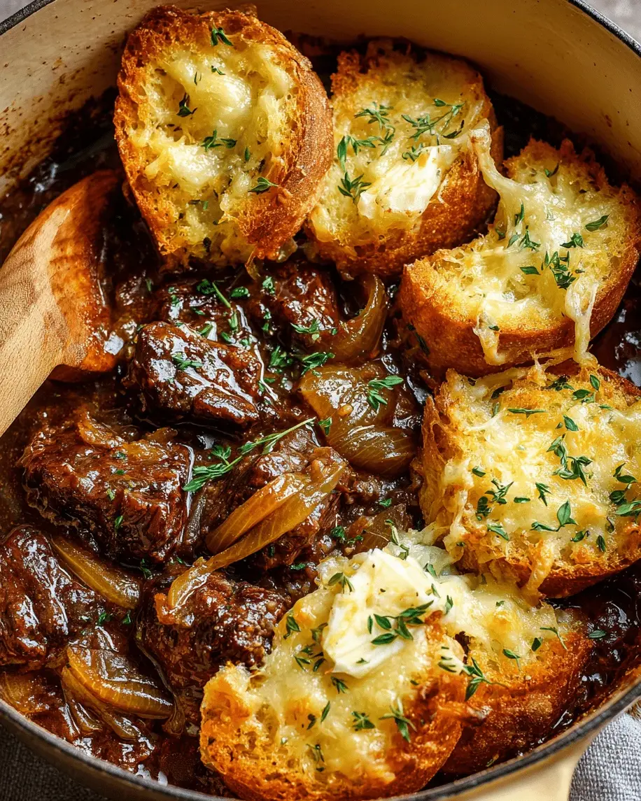 French Onion Beef Stew with Cheesy Bread Topping A Cozy Gourmet Delight