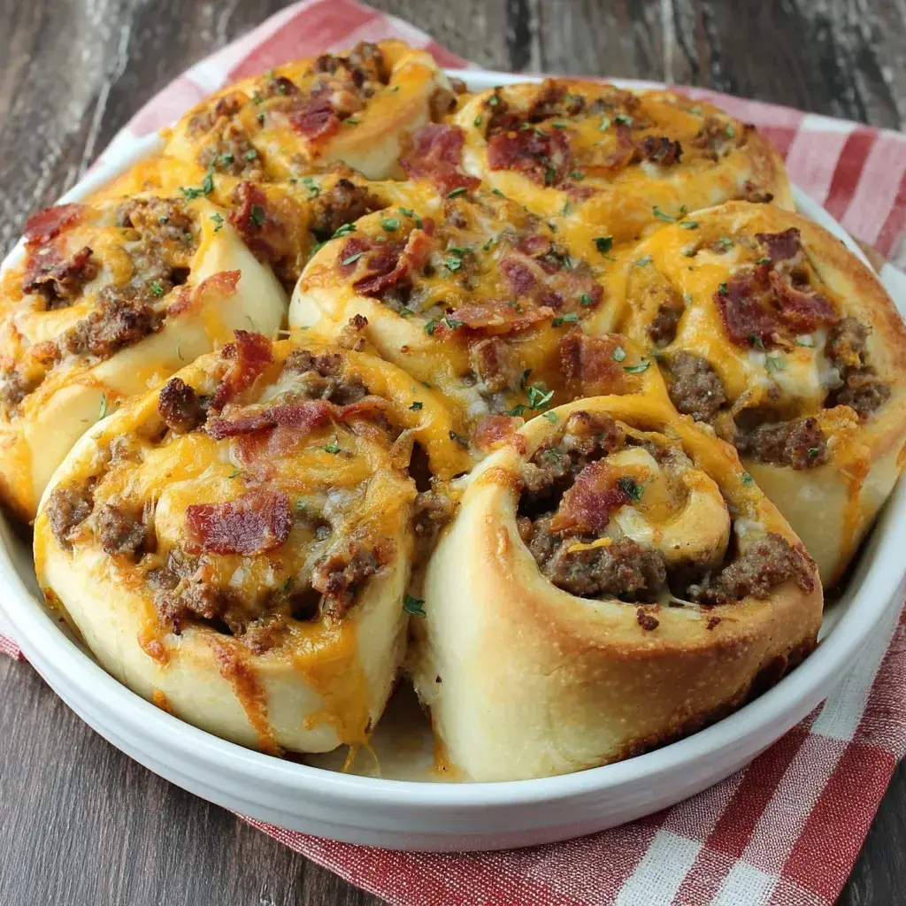 Finished Bacon Cheeseburger Pizza Pinwheels arranged on a plate, golden and ready to serve.