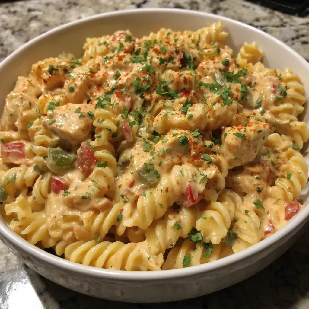 Close-up of Rotel Chicken Pasta topped with melted cheese and fresh herbs, ready for serving