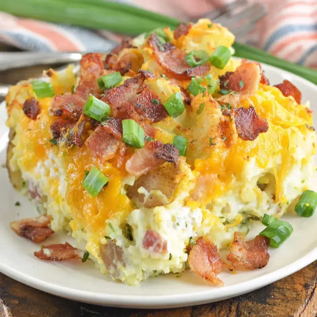 Finished twice baked potato casserole served on a plate with garnish