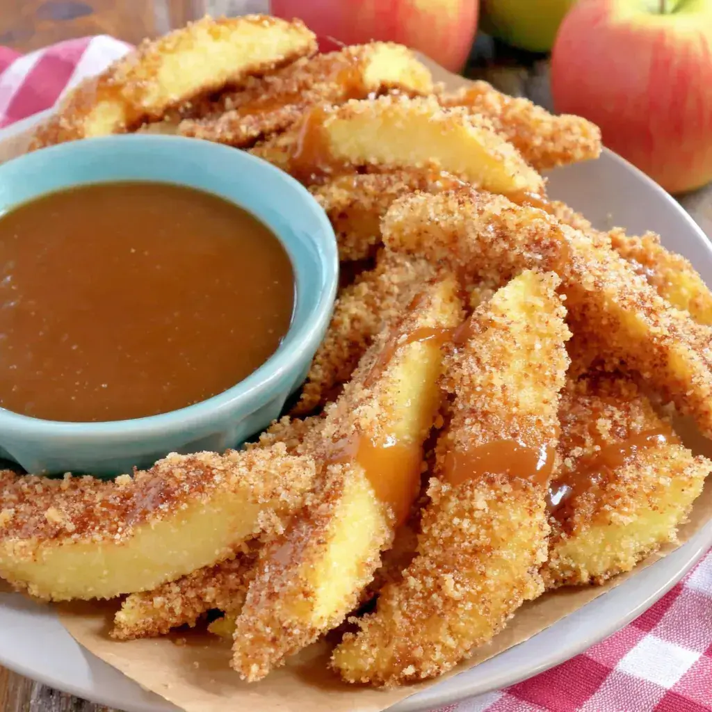 Finished Air Fryer Apple Fries with caramel dipping sauce on a rustic wooden board