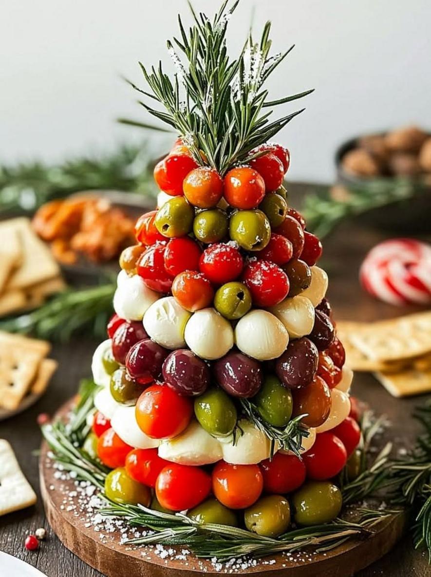 Christmas Antipasto Tree assembled on a platter