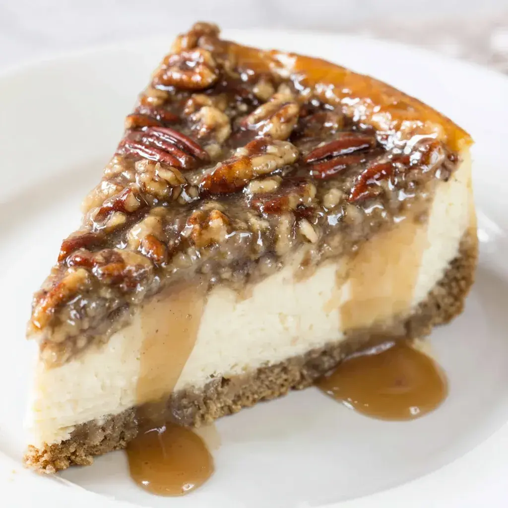 Whole pecan pie cheesecake topped with caramel and pecans