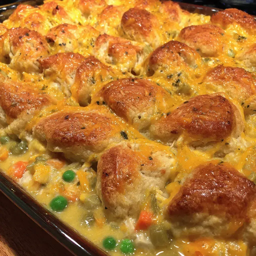 Finished Chicken Pot Pie Bubble Up casserole on a plate, ready to enjoy with visible crispy bubbles.