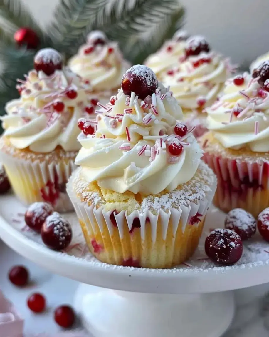 Beautifully frosted Cranberry Orange White Chocolate Cupcakes with vibrant cranberries on top.