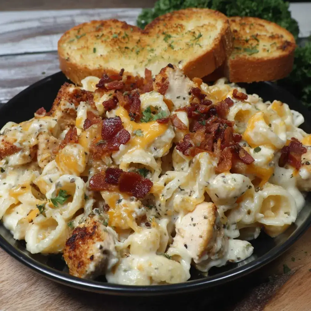 The finished Chicken Bacon Ranch Casserole garnished and ready to serve