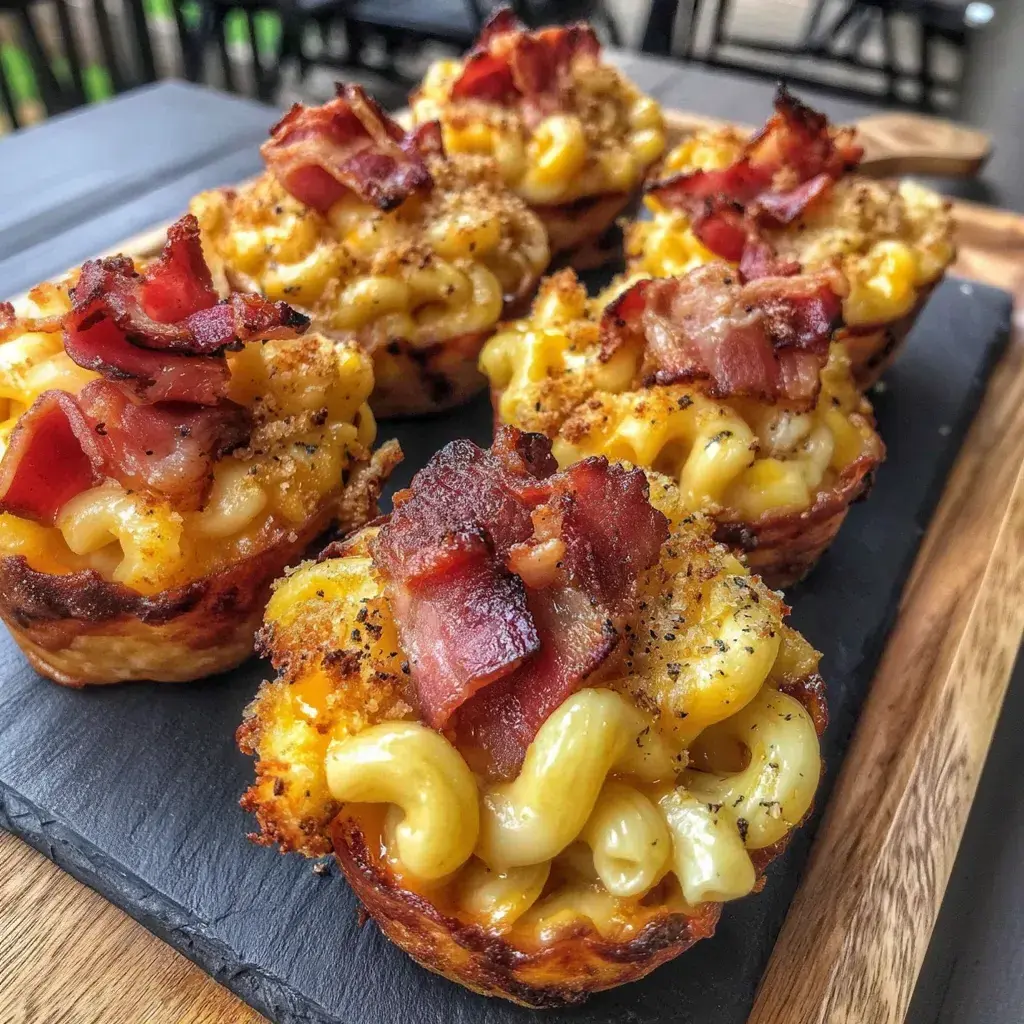 Finished smoked mac and cheese bacon cups garnished and ready to serve