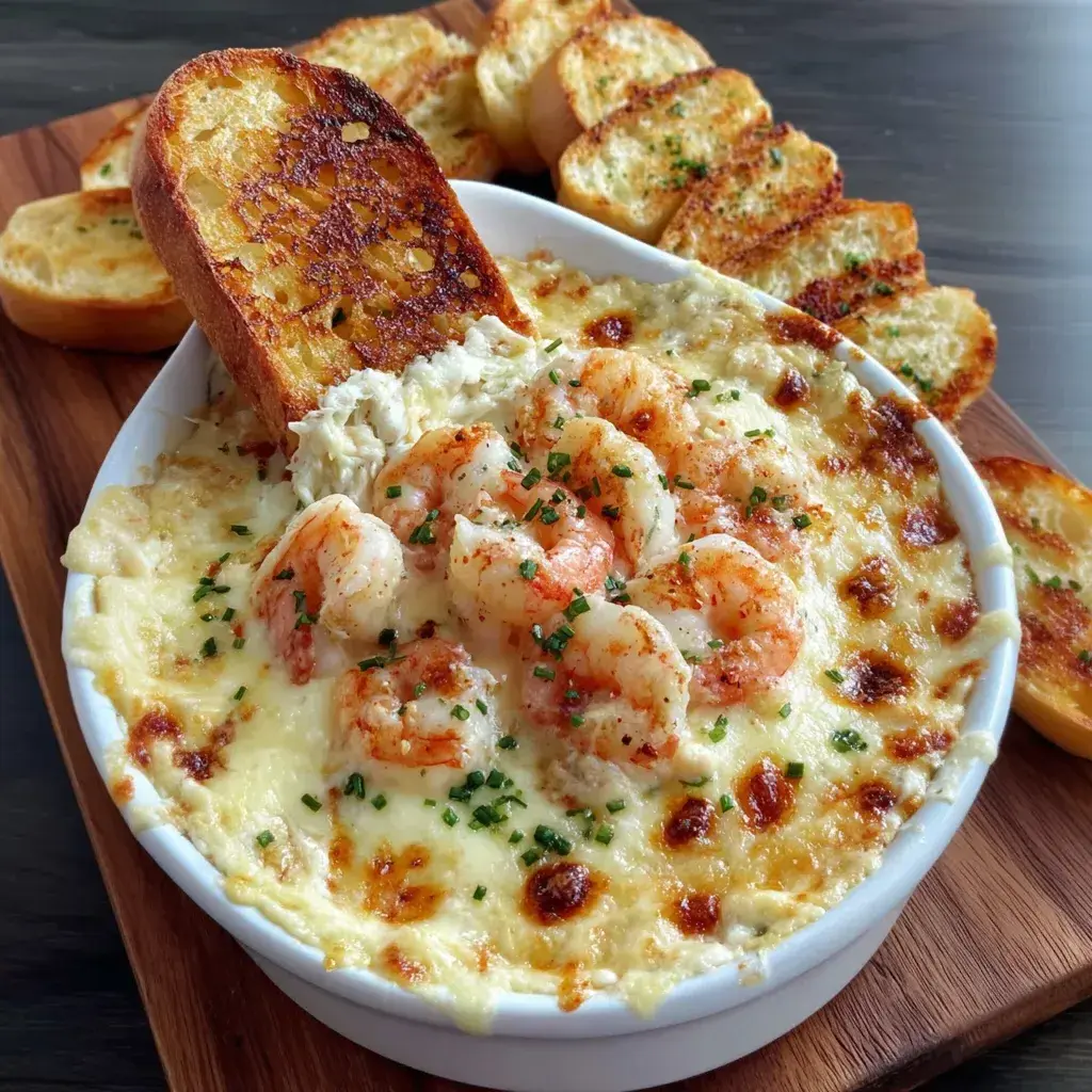 Cheesy Shrimp and Crab Bake Dip served with assorted crackers and vegetables, ready for party dipping.
