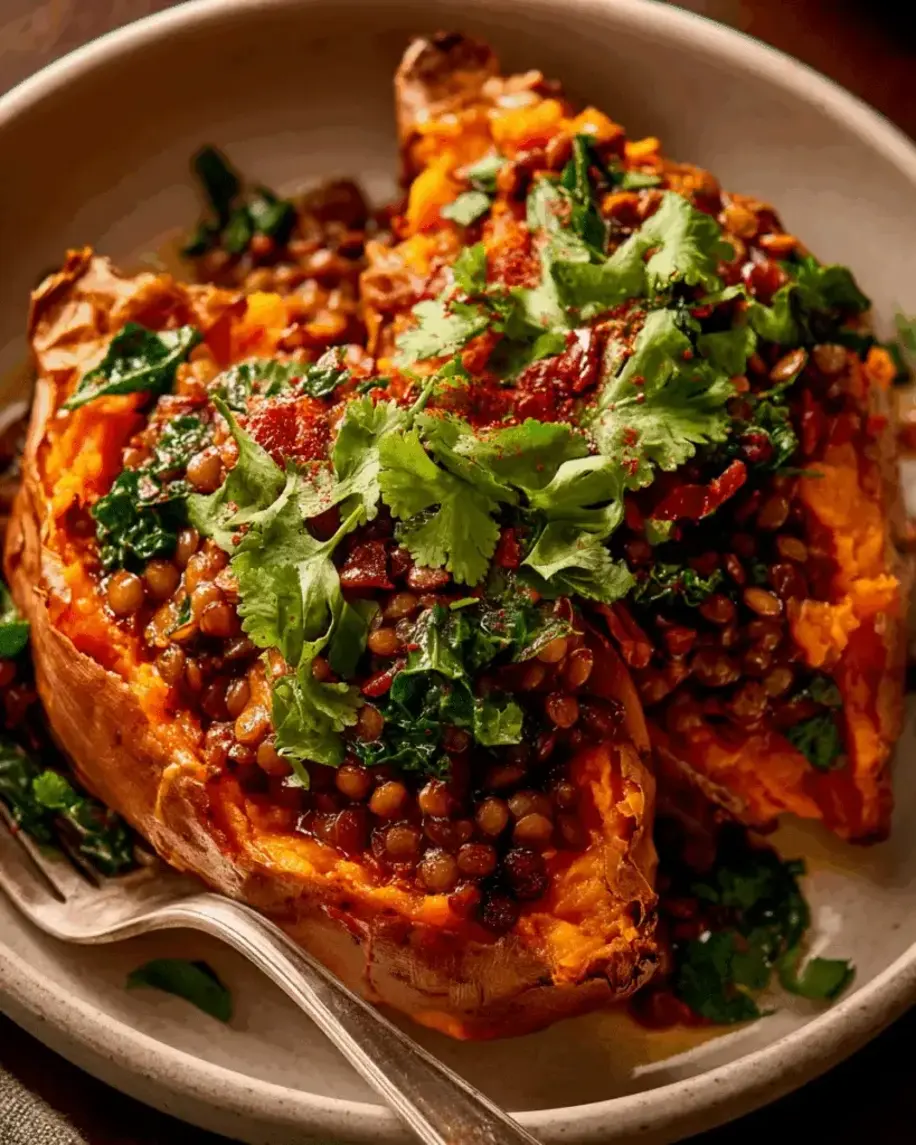 Harissa Coconut Lentils with Roasted Sweet Potatoes A Comfort Bowl of Warmth and Spice