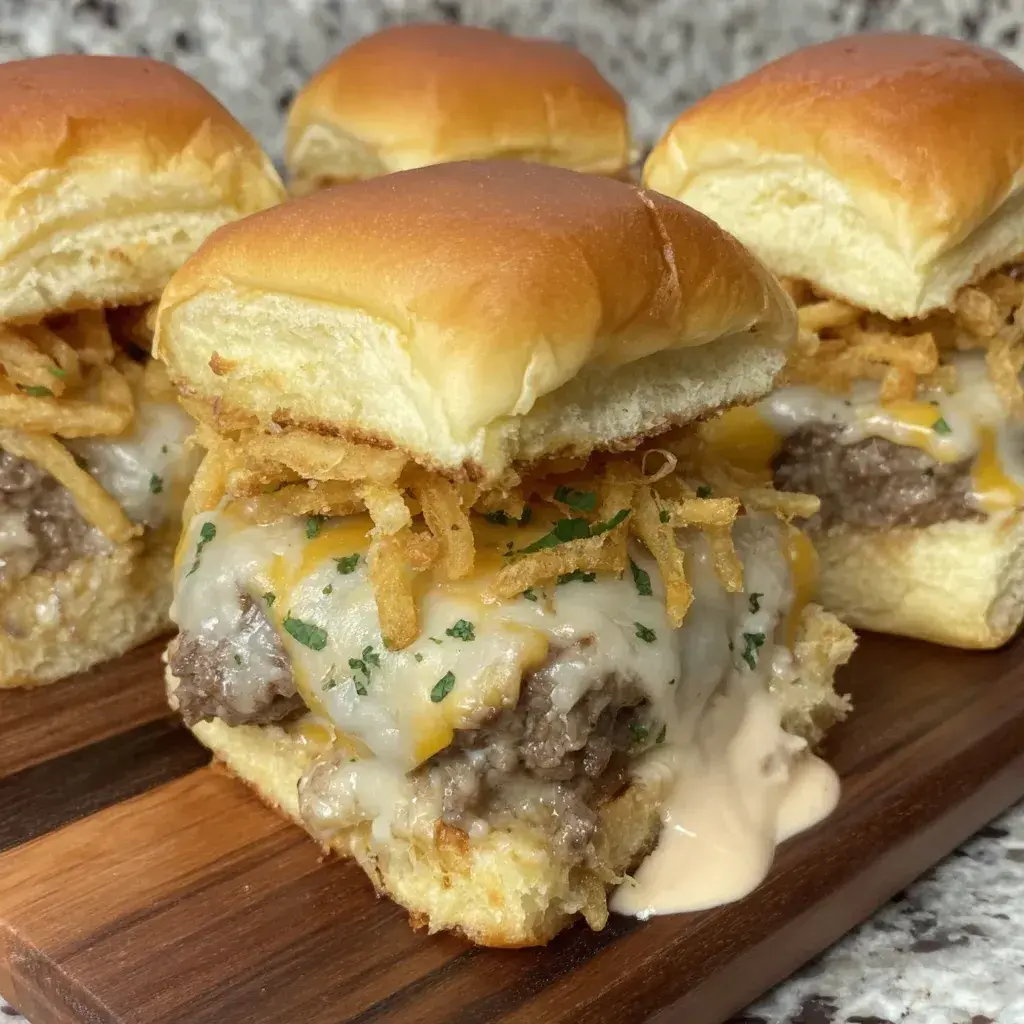 Finished Double Cheese Fry Sliders on a serving platter, golden buns with cheese oozing out and fries on top