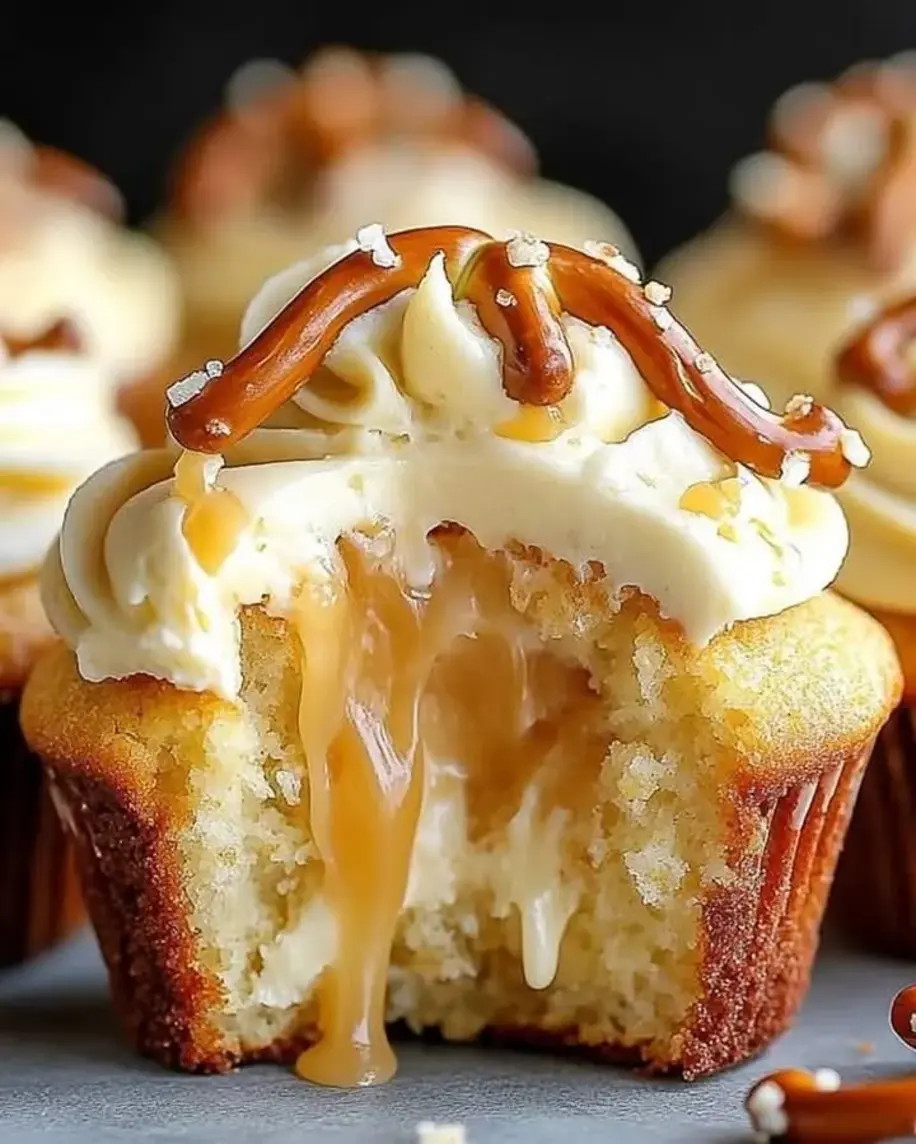 Gooey Salted Caramel Cream Cheese Cupcakes freshly baked and topped with cream cheese frosting