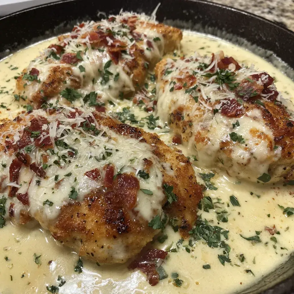 Plated Creamy Garlic Parmesan Chicken with sauce dripping