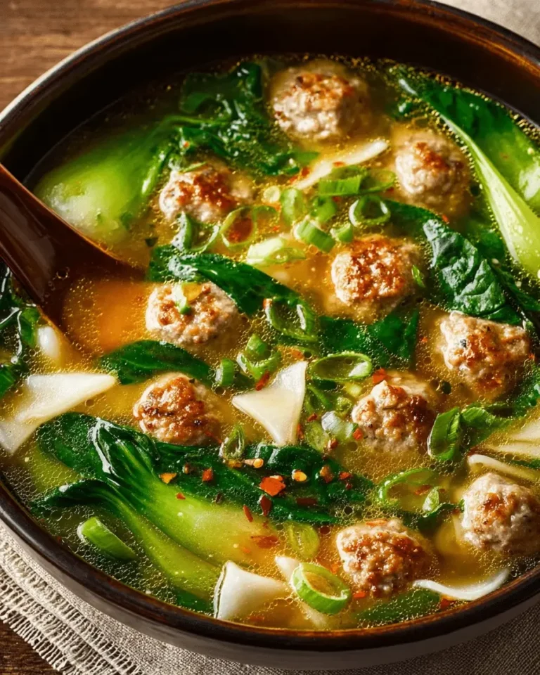 Ginger Chicken Meatball Soup with Baby Bok Choy and Wonton Strips