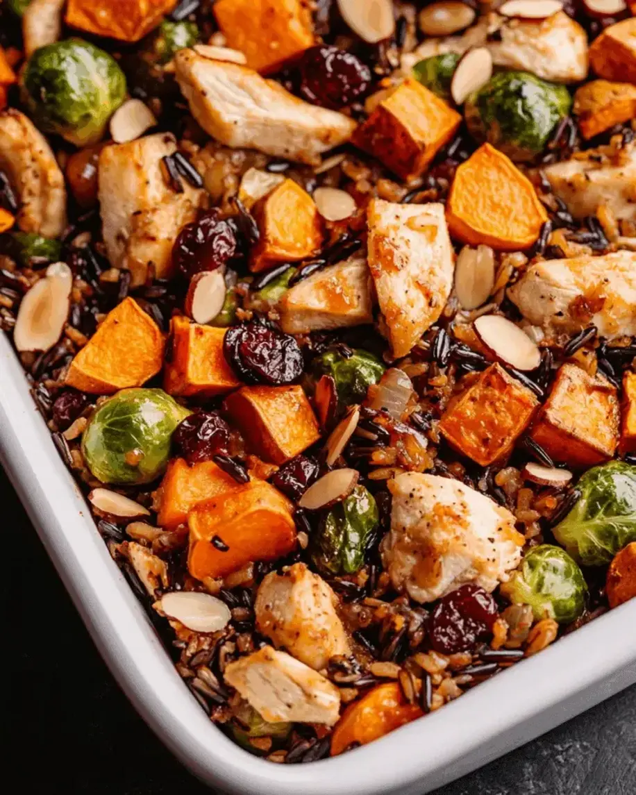 Chicken Sweet Potato and Brussels Sprouts Wild Rice Bake A Wholesome One Pan Meal Youll Love
