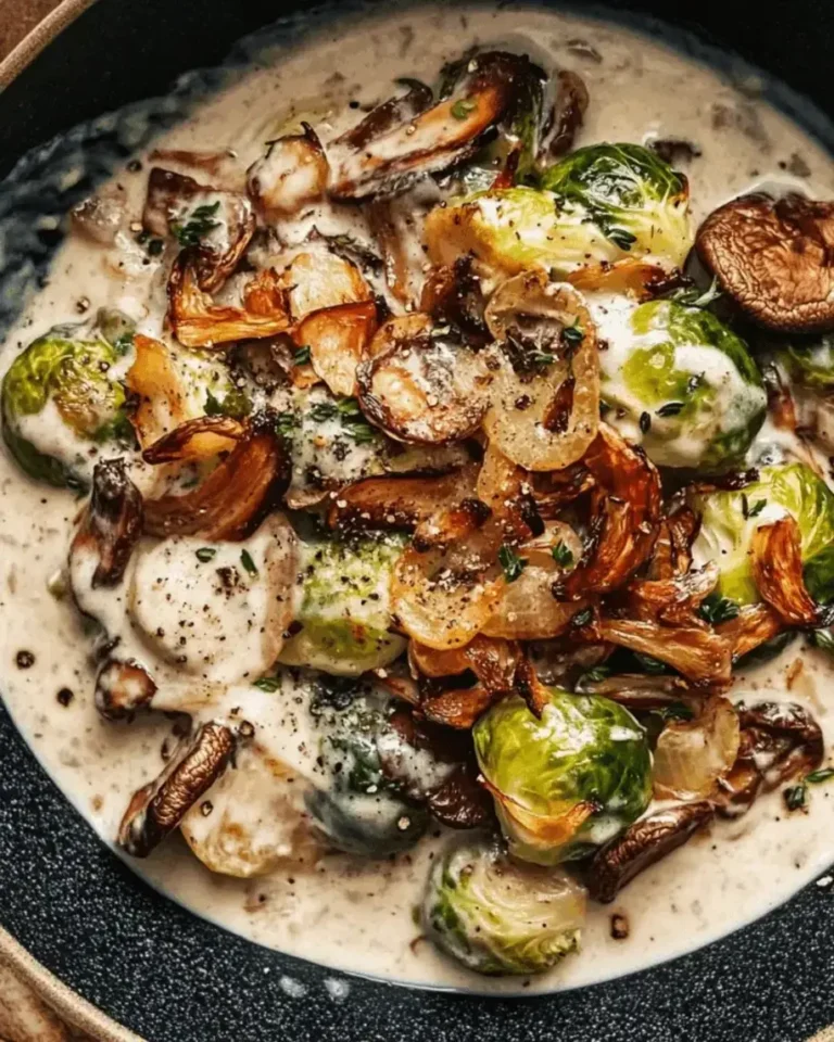 Roasted Brussels Sprouts with Creamy Wild Mushrooms and Crispy Shallots