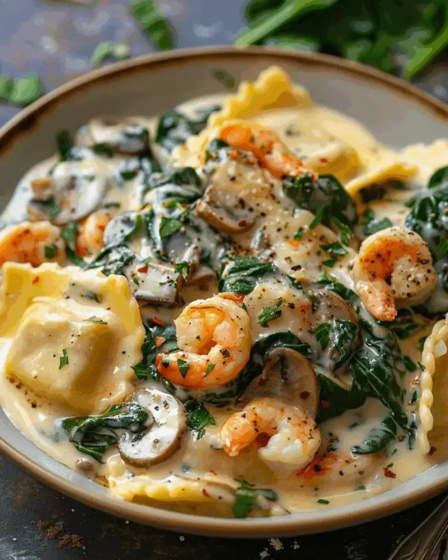Ravioli with Seafood Spinach Mushrooms in Garlic Cream Sauce A Restaurant Worthy Dinner You Can Make at Home
