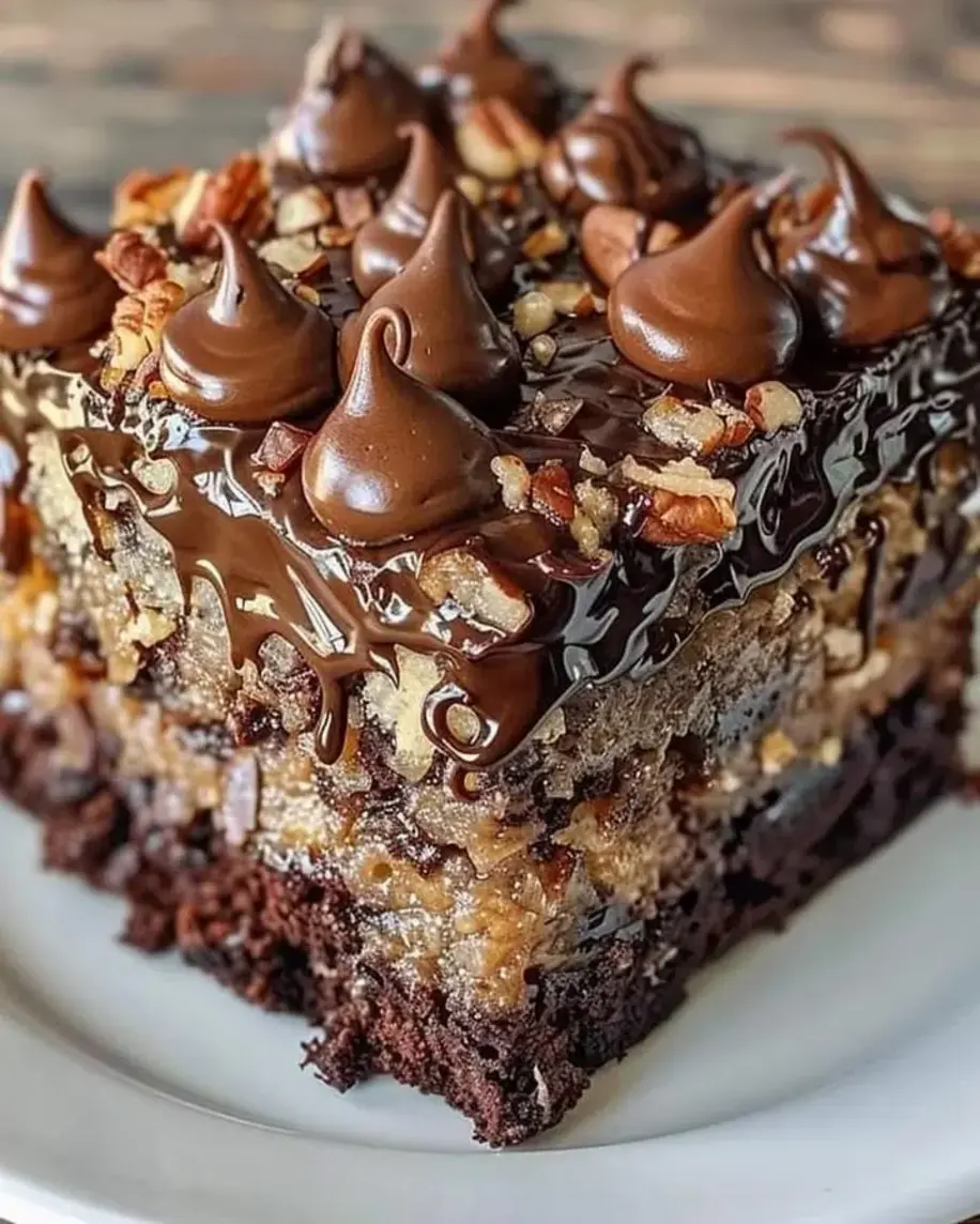 A slice of mouth-watering German Chocolate Poke Cake with rich chocolate base, pecan pieces, and coconut topping.