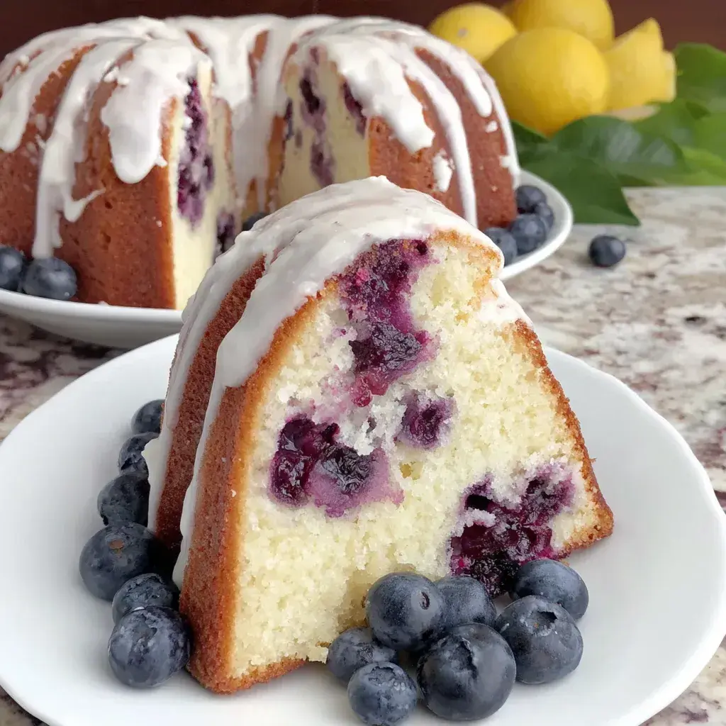 A beautifully glazed Lemon Blueberry Pound Cake on a platter, surrounded by fresh lemons and blueberries, ready for serving.