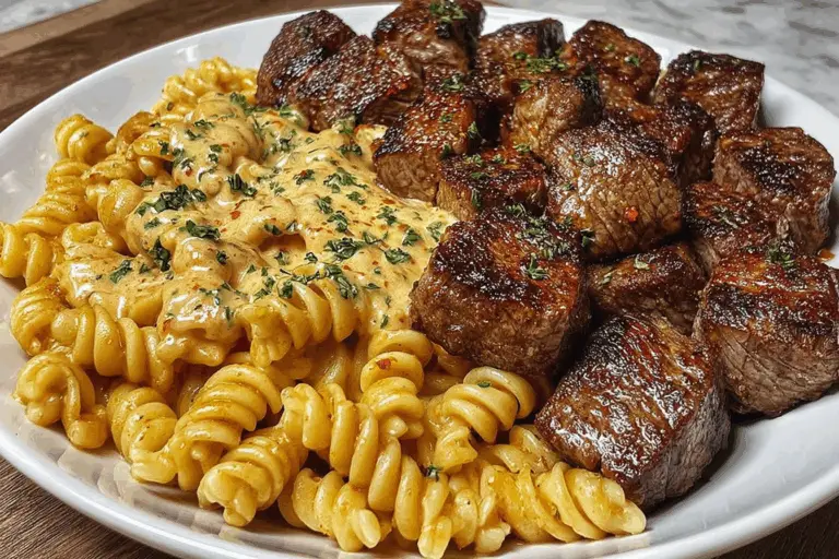 Spicy Garlic Butter Steak Bites with Creamy Cajun Twisted Pasta