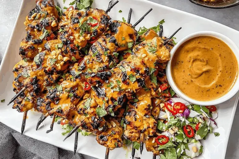Thai Curry Chicken Skewers Served with a Creamy Coconut Peanut Dip