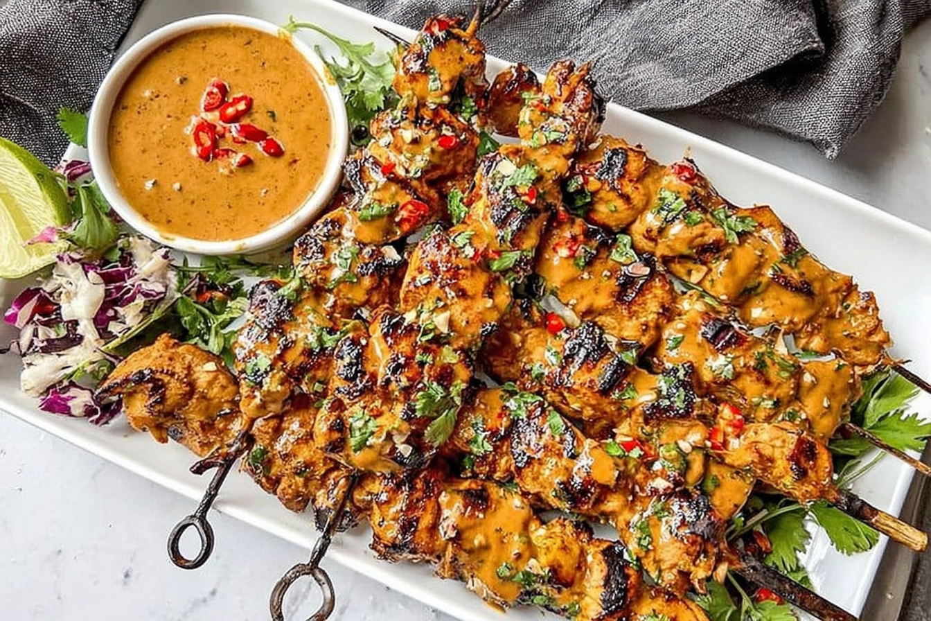 Thai Curry Chicken Skewers Served with a Creamy Coconut Peanut Dip